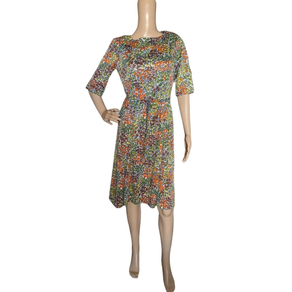 Vintage 70s Leslie Pomer Boho Funky Floral Short Sleeve Belted Day Dress